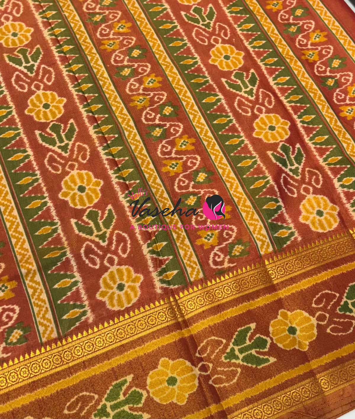 Semi Patola / Art Silk Saree - Green With Rust Orange Combo - VVSPS001