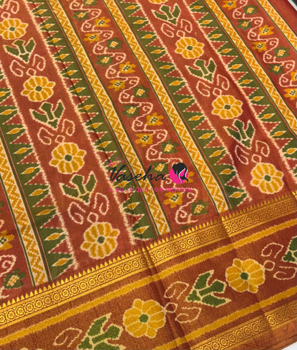 Semi Patola / Art Silk Saree - Green With Rust Orange Combo - VVSPS001