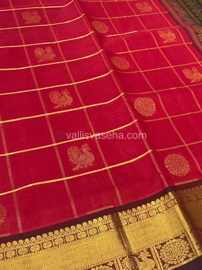 Pure Silk Cotton Saree - Mayil & Chakkaram Design - Red With Maroon & Brown - VVMC001