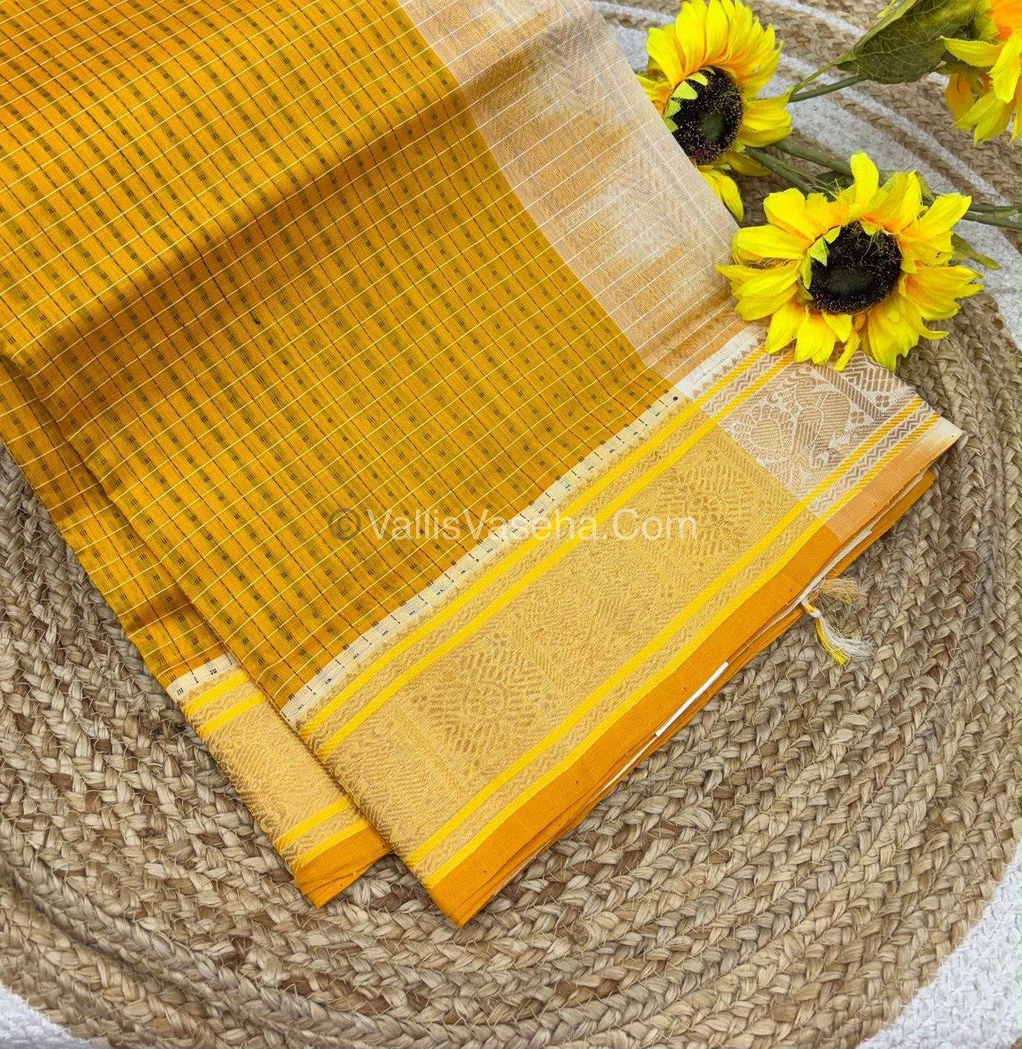 Pure Silk Cotton Saree - Yellow With Half White - Lakshadeepam Design - VVPLD001