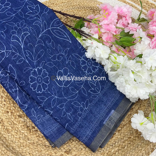 Linen Mixed Cotton Saree - Indigo Blue - Printed - VVLMP001