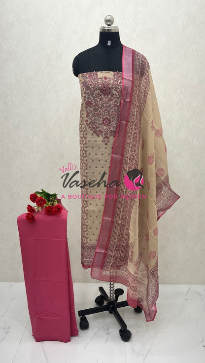 Unstitched Linen Material | Cream With Pink| VVUSM054