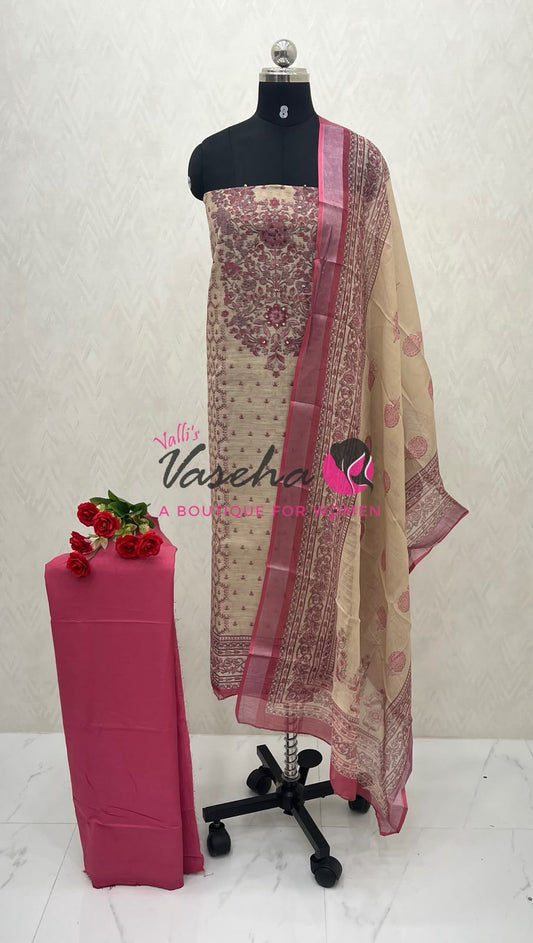 Unstitched Linen Material | Cream With Pink| VVUSM053