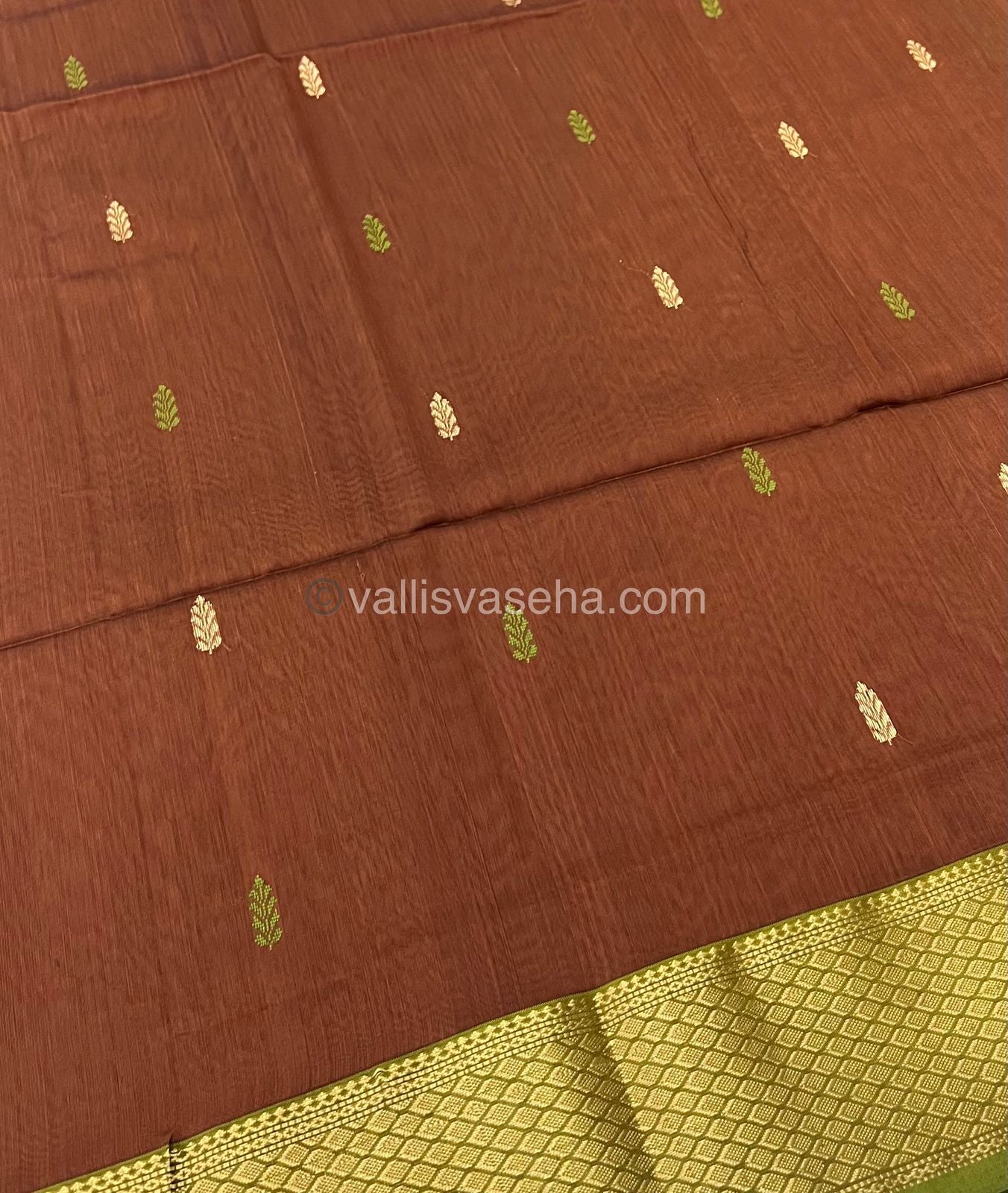 Pure Maheshwari Silk Cotton Saree -  brown & Green Color - VVMSC003