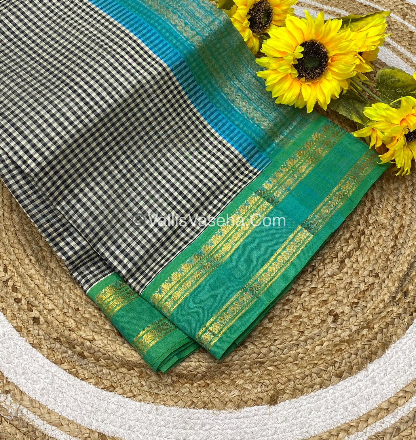 Pre Booking [5-7 weeks] |Pure Korvai Silk Cotton - Podi Kattam -White & Black with Teal Green - Retta Petta Border - VVKSC003