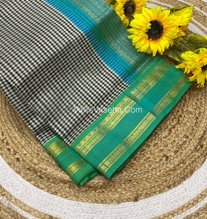 Pre Booking [5-7 weeks] |Pure Korvai Silk Cotton - Podi Kattam -White & Black with Teal Green - Retta Petta Border - VVKSC003