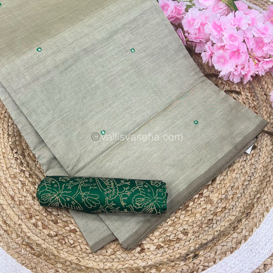 South Mixed Cotton - Mirror Work Embroidery - Cream with Green - VVPCM002
