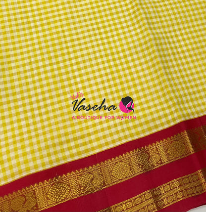 Pure Korvai Silk Cotton - Podi Kattam -White & Yellow with Red- Retta Petta Border - VVKSC003