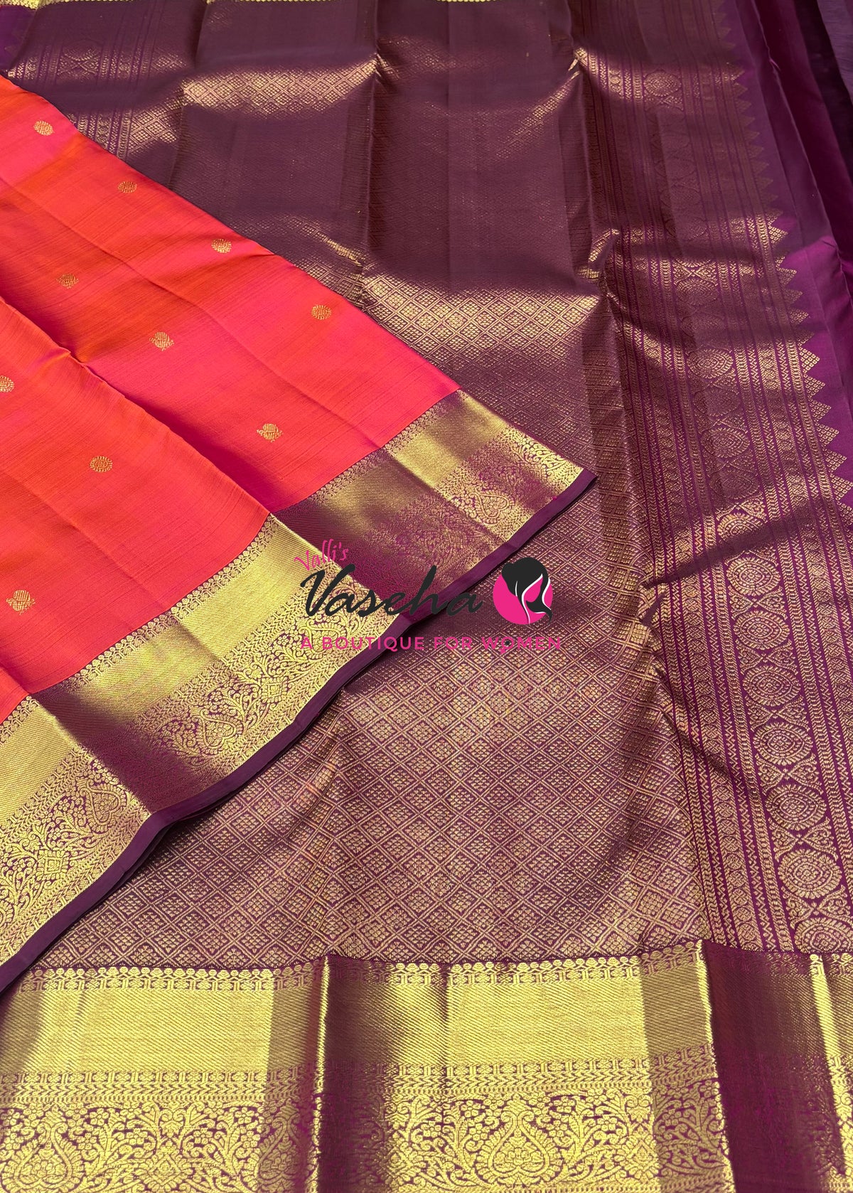 Pure Kanchipuram Silk Saree - Peach  With Purplish Pink - VVPS088