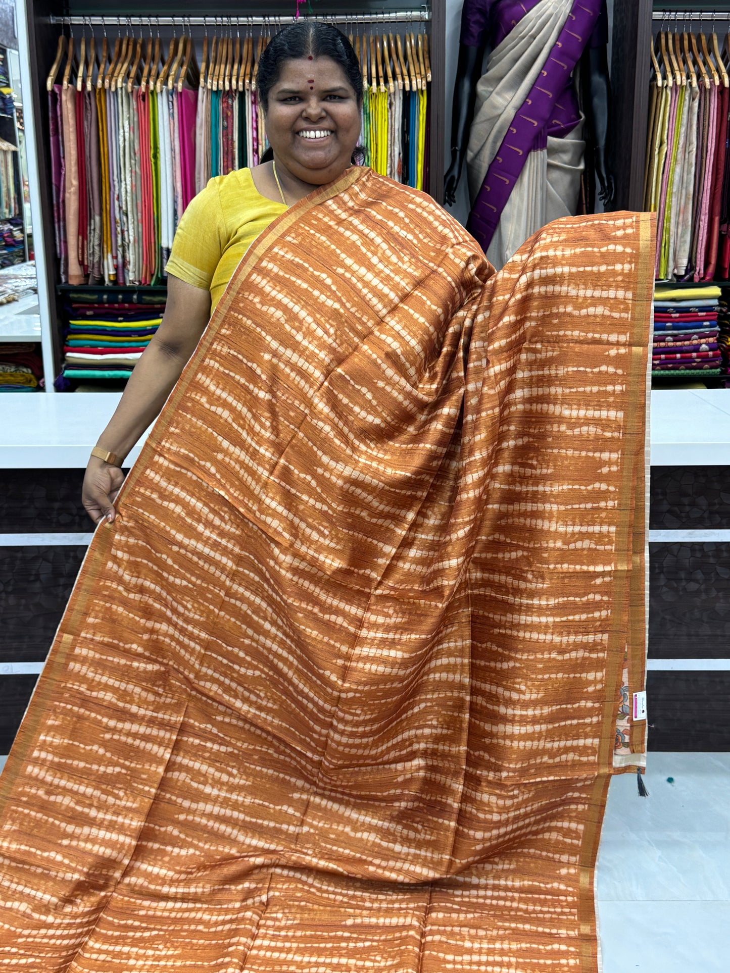 Semi Matka Tussar Silk Saree - Shibori pattern - Mustard Shade - VVSMT001