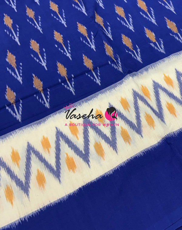 Double Ikkat Pure Cotton Saree -  Blue With Red  - VVIKS002