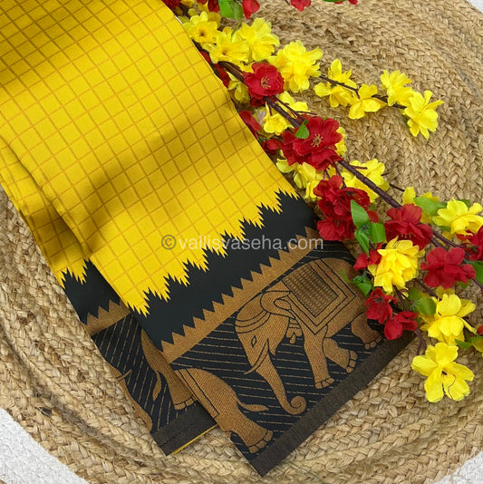 Semi Silk Saree - Kanchi Silk Style - Elephant Border - Yellow with Black- VVSSS005