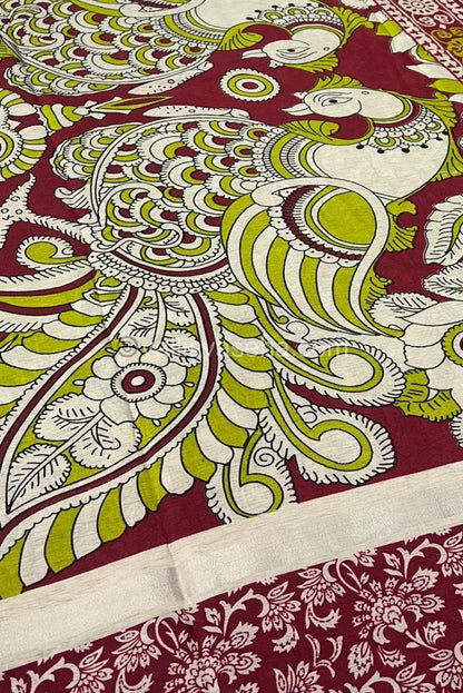 Casual Wear - Semi Silk Mixed - Kalamkari -Lemon Green With Merun - VVSSK001