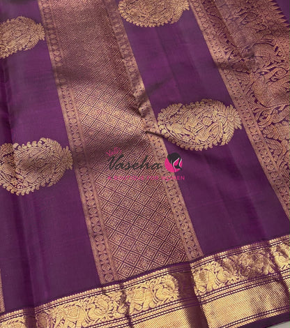Pure Vintage Korvai Kanchipuram Silk Saree - Cream & Purple Combo - VVPS046