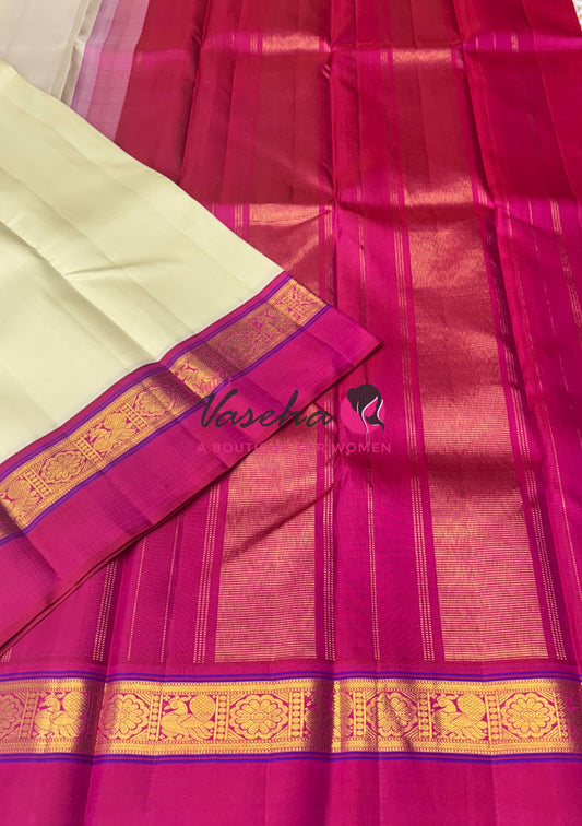 Pure Vintage Korvai Kanchipuram Silk Saree - Half White /Cream & Pink Combo - VVPS038