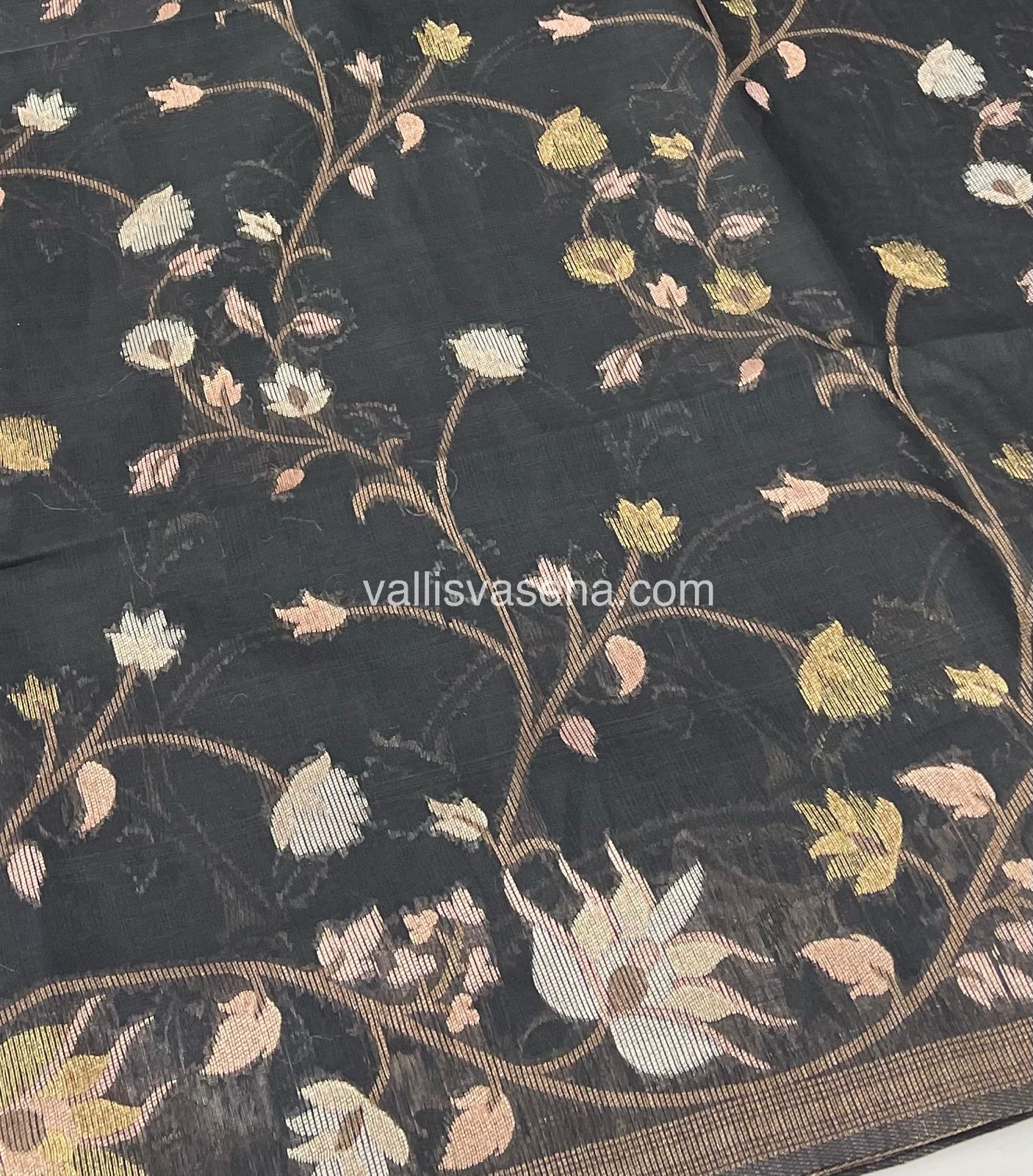 Semi Raw Silk with Jamdhani Design Weaving with Tree Design Pallu - Black Shade - VVRS002