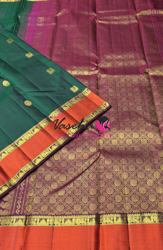 Pure Vintage Korvai Kanchipuram Silk Saree - Green & Maroon Combo - VVPS038