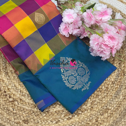 Semi Soft Silk  - Madras Checks Pattern - Peacock Blue Shade - VVSSS042