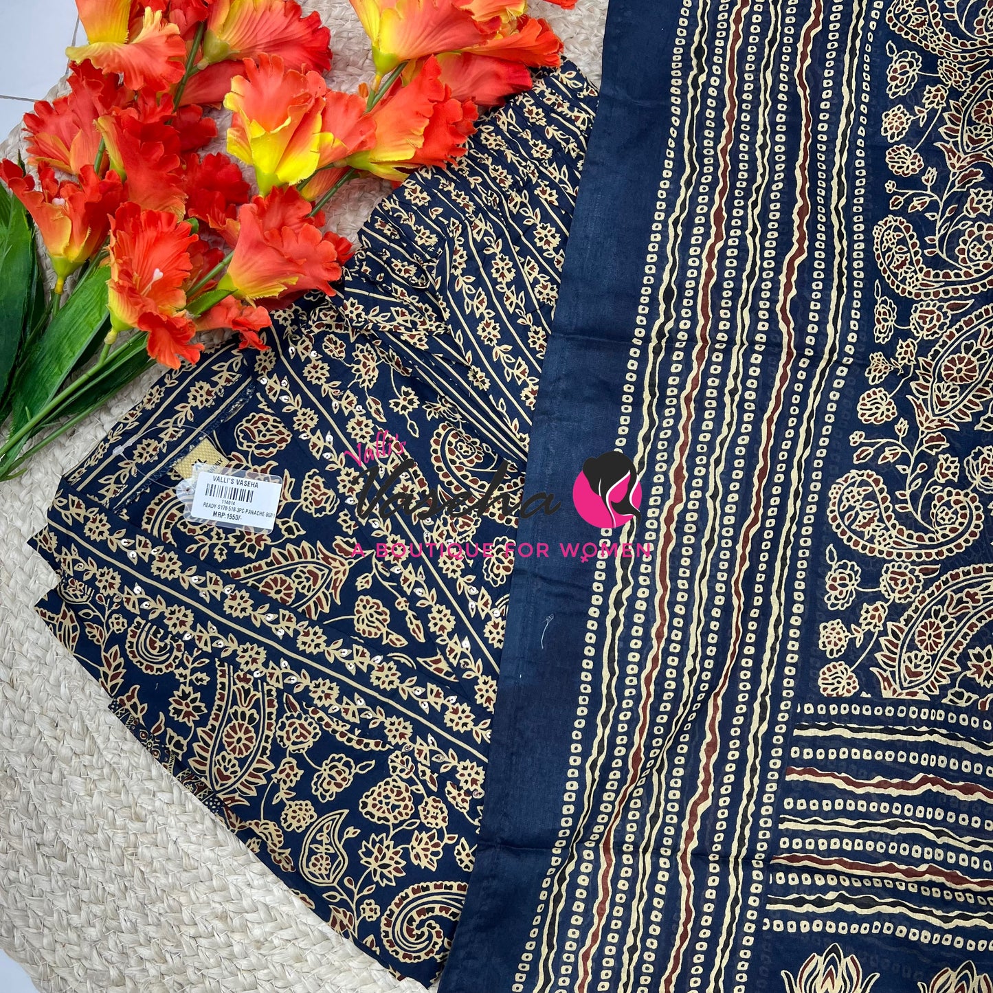 Ready Made | Anarkali - Ajrakh Print |Salwar, Kameez & Duppatta(3pc)|Cotton |Blue  - VVAS009