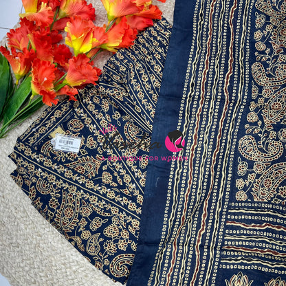 Ready Made | Anarkali - Ajrakh Print |Salwar, Kameez & Duppatta(3pc)|Cotton |Blue  - VVAS009