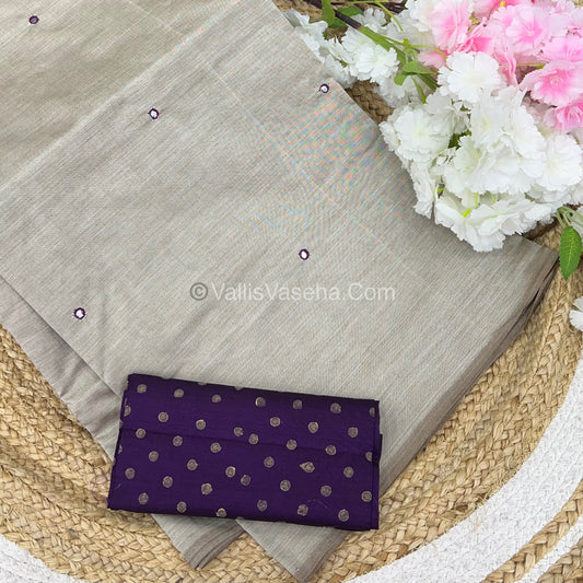 South Mixed Cotton - Mirror Work Embroidery - Cream with Purple - VVPCM002