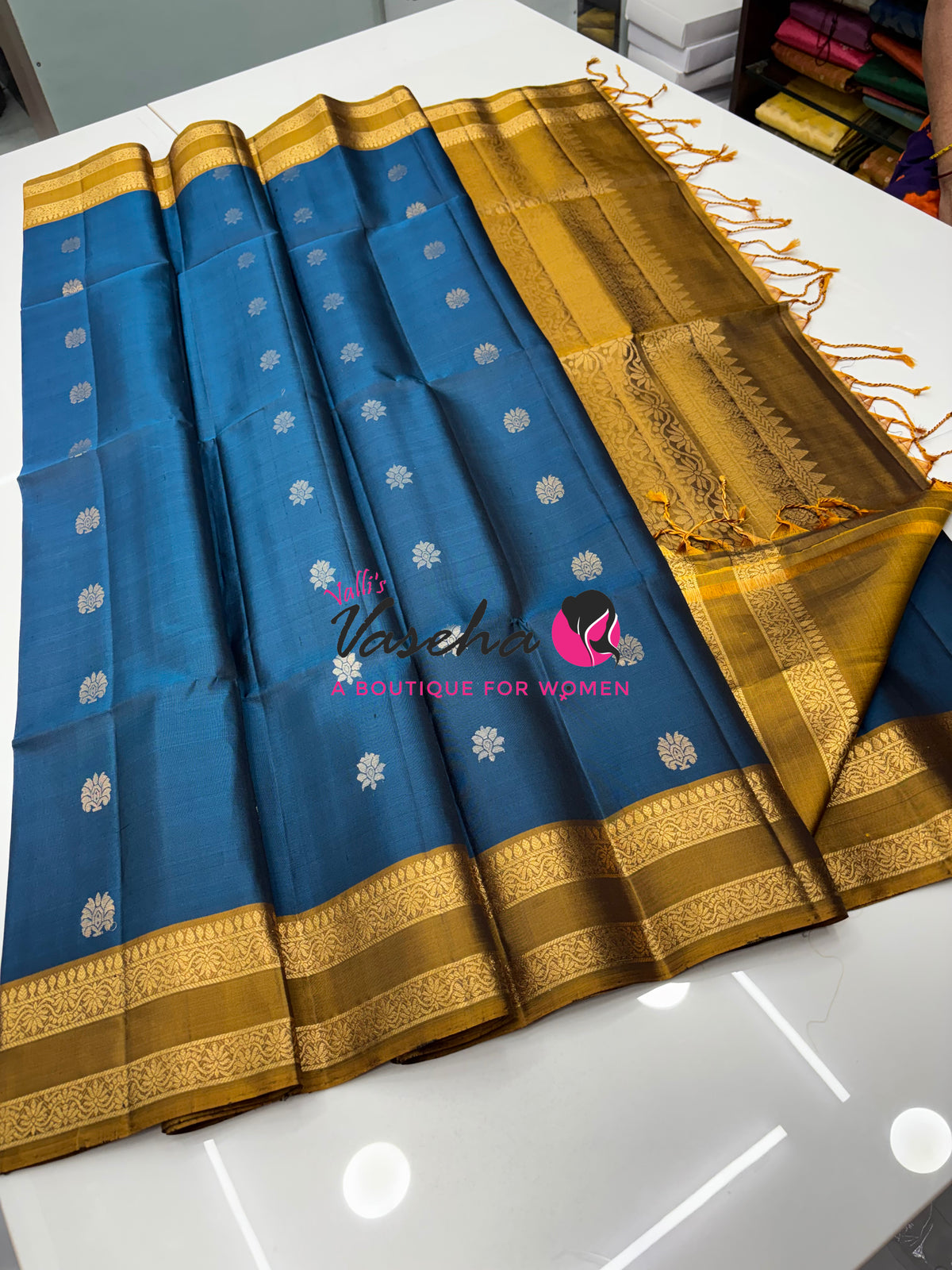 Pure Soft Silk Saree  - Blue  & Mustard Yellow Combo - VVPSS152