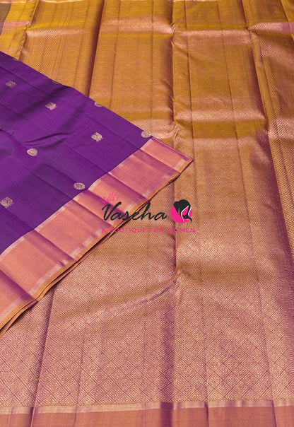 Pure Kanchipuram Silk Saree - Purple & Orangish Gold Combo - VVPS046