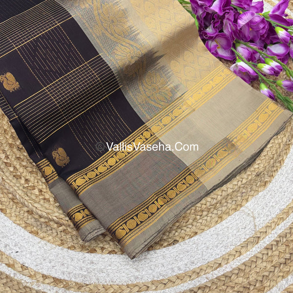Pure Korvai Silk Cotton - Checks Pattern - Brown  With Cream  Shade  - VVKSC036