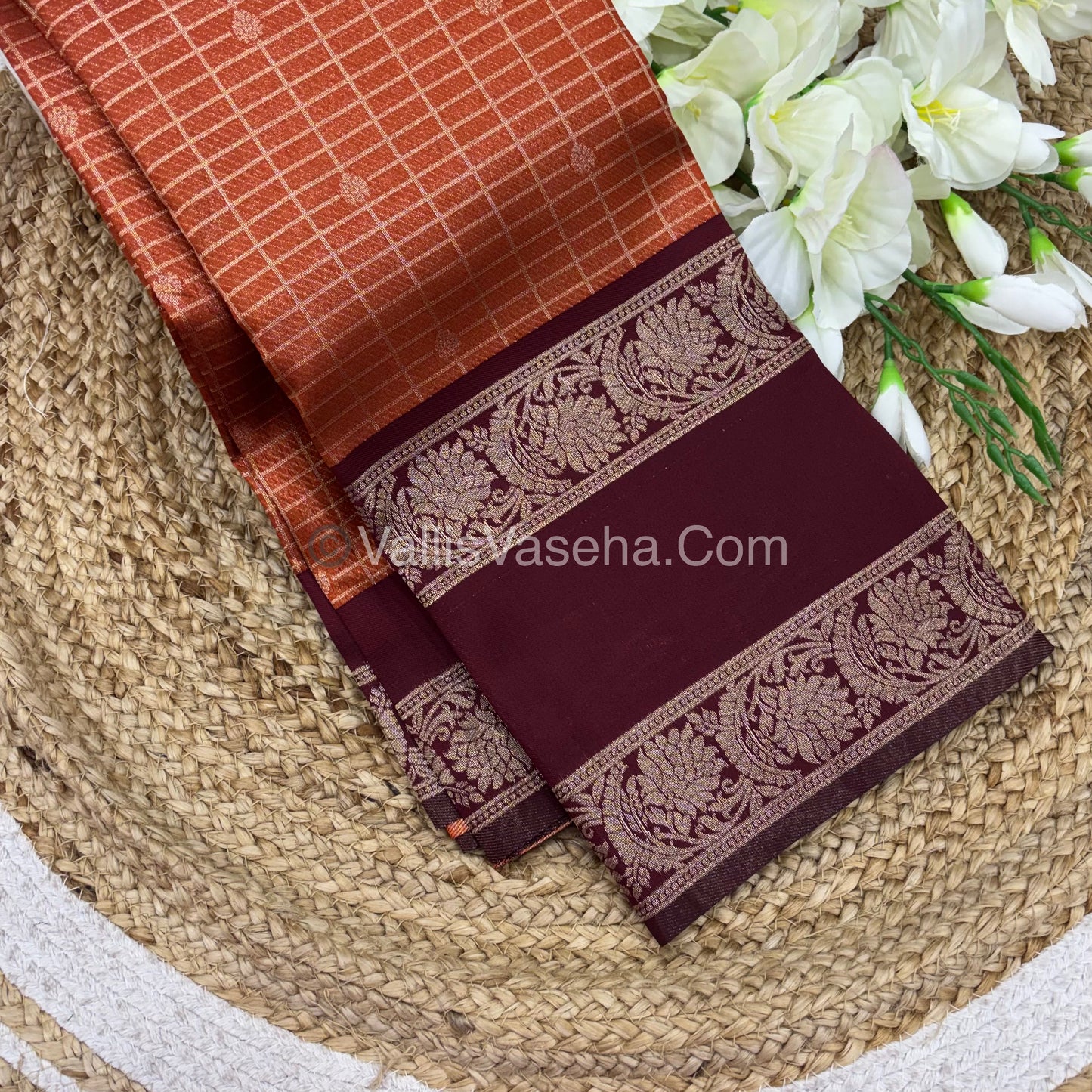 Kanchi Semi Silk - Mayil & Chakkaram design - Rust Orange with Brown - VVKSS005