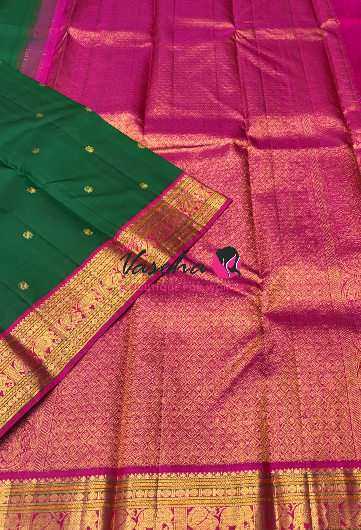 Pure Vintage Korvai Kanchipuram Silk Saree - Green With Pink - VVPS034