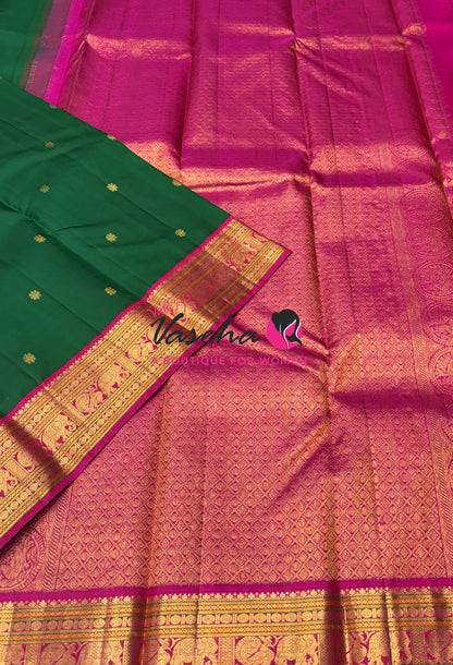 Pure Vintage Korvai Kanchipuram Silk Saree - Green With Pink - VVPS034