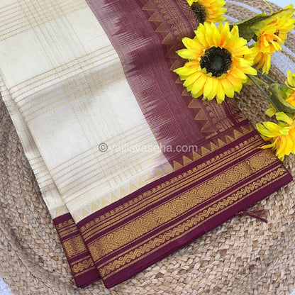Pure Korvai Silk Cotton - Zari checks lines - Cream with Merun Combo - VVKSC010