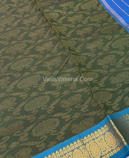 Semi Silk Cotton Saree - Green With Blue Shade - VVSSC007