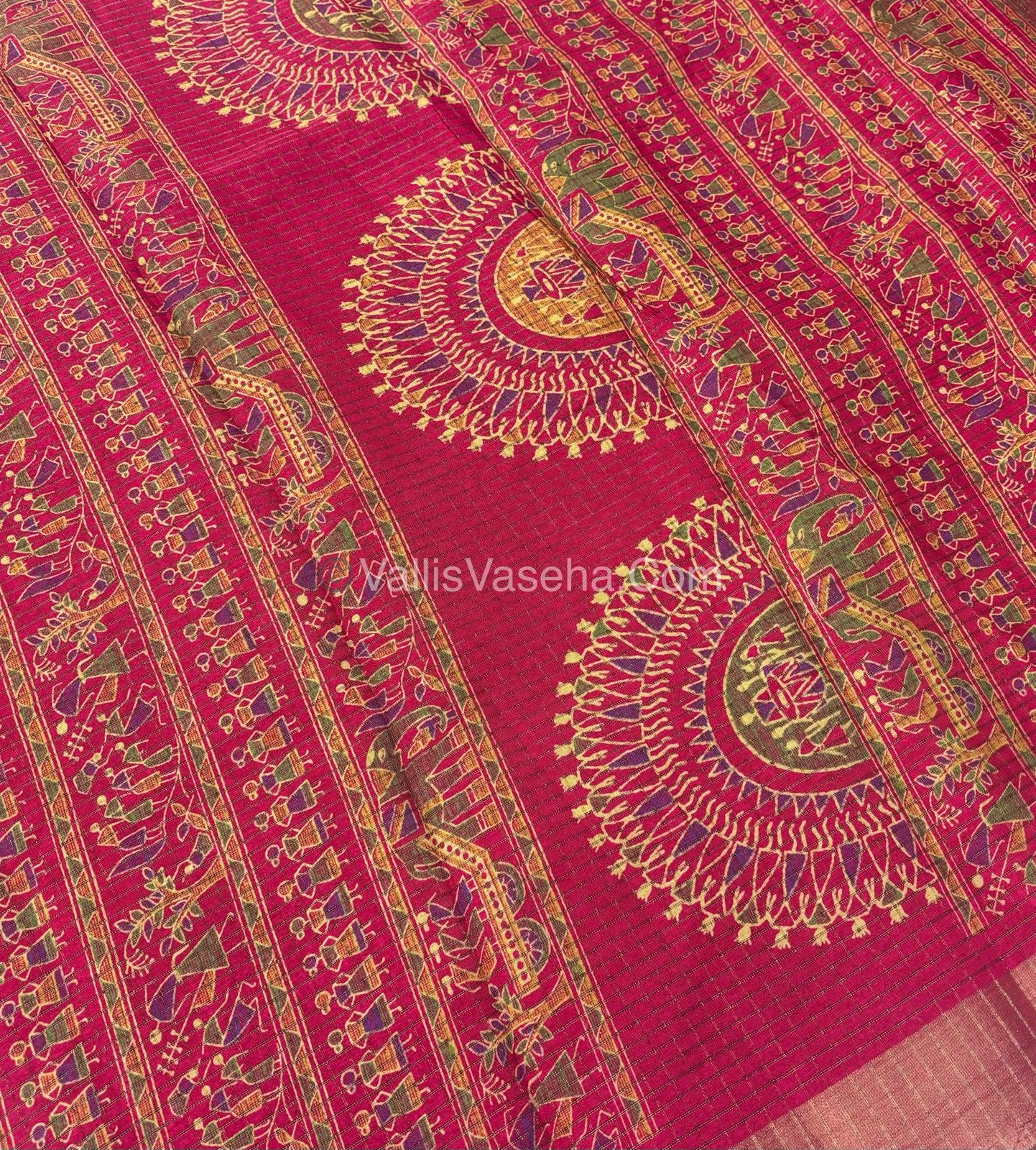 Light Weight Fancy Mixed Kota Cotton - Varli Design Printed Saree - Pink Shade - VVKPC001