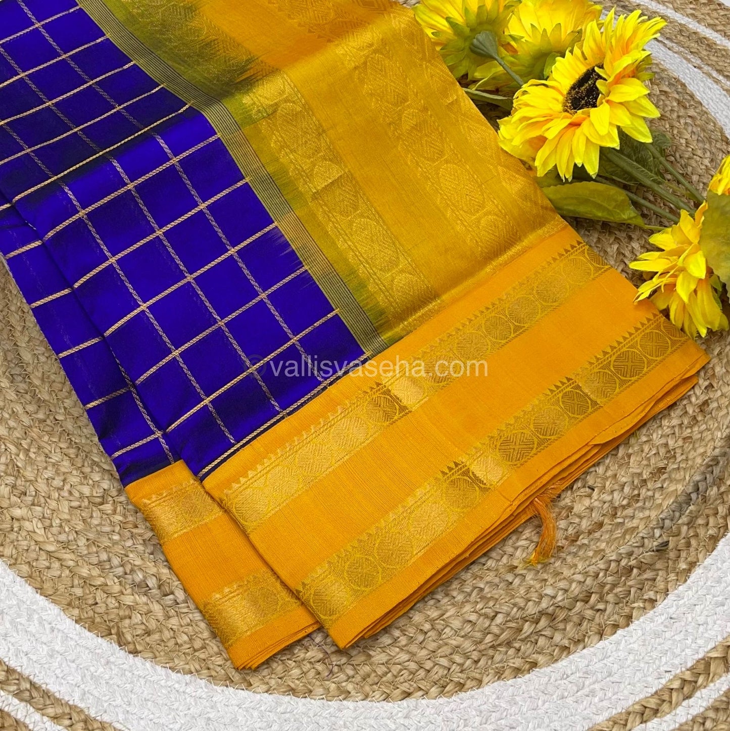 Pure Korvai Silk Cotton With Retta Petta Border - Checks pattern - Yellow & Blue - VVKSC013