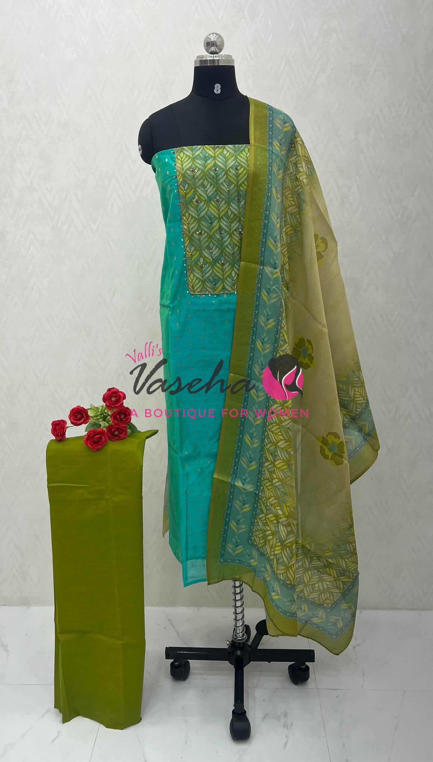 Unstitched Chanderi Salwar Material  | Green | VVUSM039