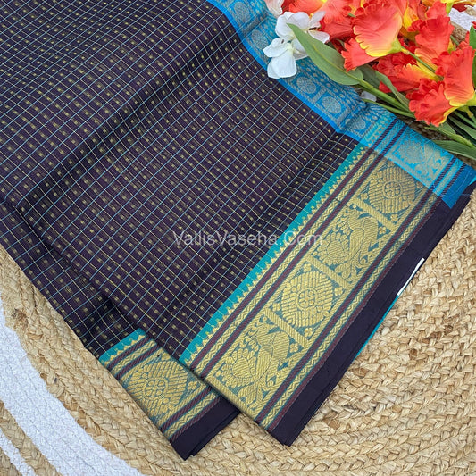 Pure Silk Cotton Saree - Dark Coffee Brown with  Teal Blue - Lakshadeepam Design - VVPLD001