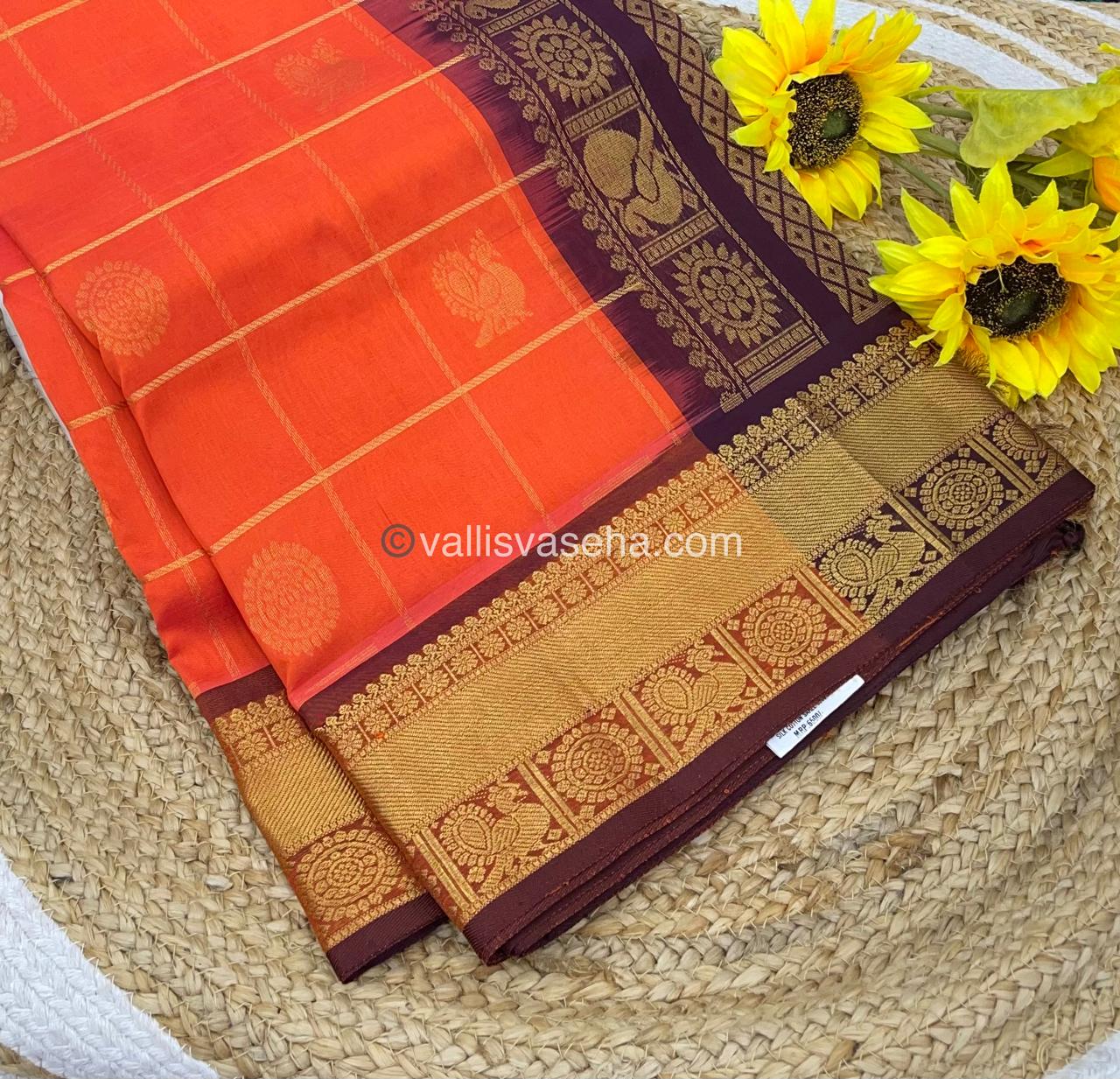 Pure Silk Cotton Saree - Mayil & Chakkaram Design - Orange With Brown - VVMC001