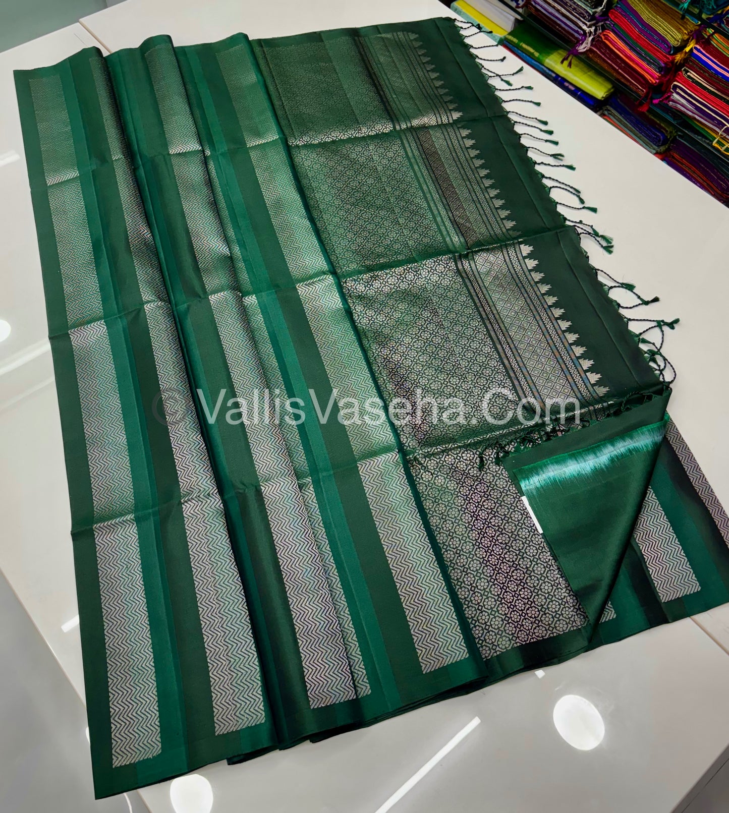 Pure Soft Silk Saree - Border Less  - Dark Green Shade - VVPSS068