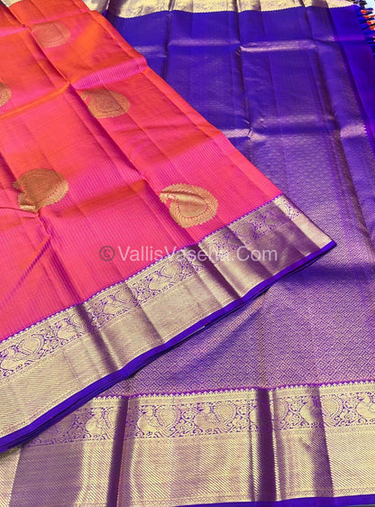Pure Kanchipuram Silk Saree - Pinkish Peach with Purple combo VVPS011