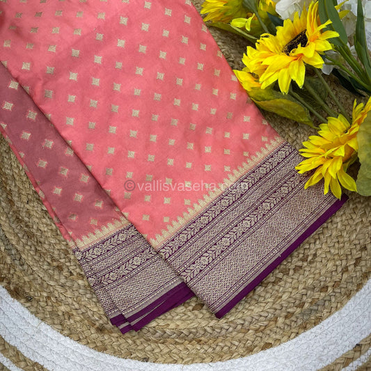 Banarasi - Premium Kathan Silk Saree - Peach with Purple - VVPKS002