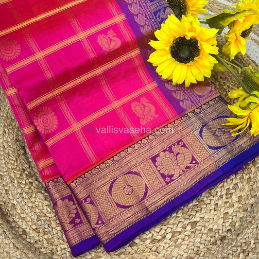 Pure Silk Cotton Saree - Mayil & Chakkaram Design - Pink With Blue Combo -VVMC003
