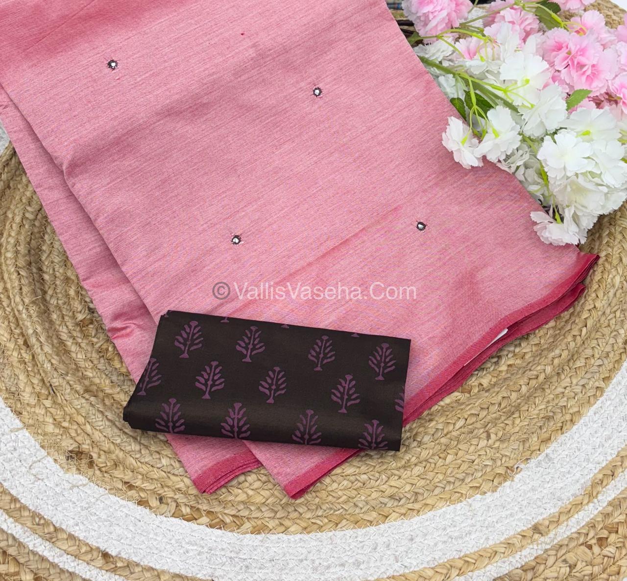 Poly Silk Mixed Cotton - Mirror Work Embroidery - Pink with Brown - VVPCM001