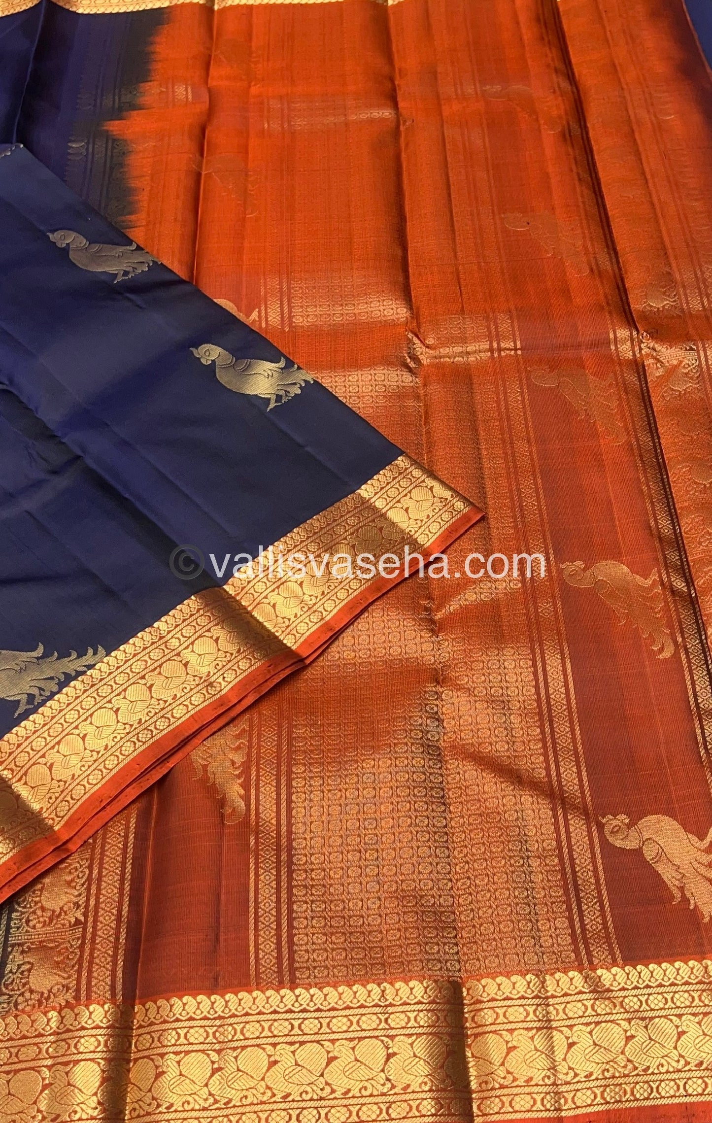 Pure Kanchipuram Silk Saree - Blue & Rust Orange Combo - VVPS018
