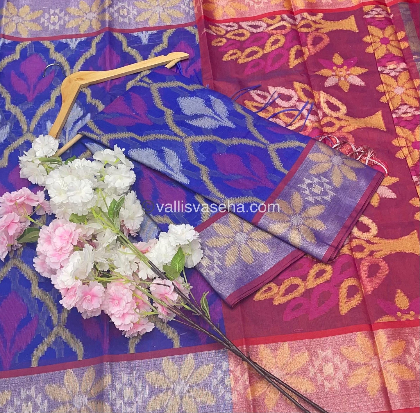 Banarasi Pochampally Weaving Semi Soft Cotton Saree - Blue with Merunish Pink - VVBPS001