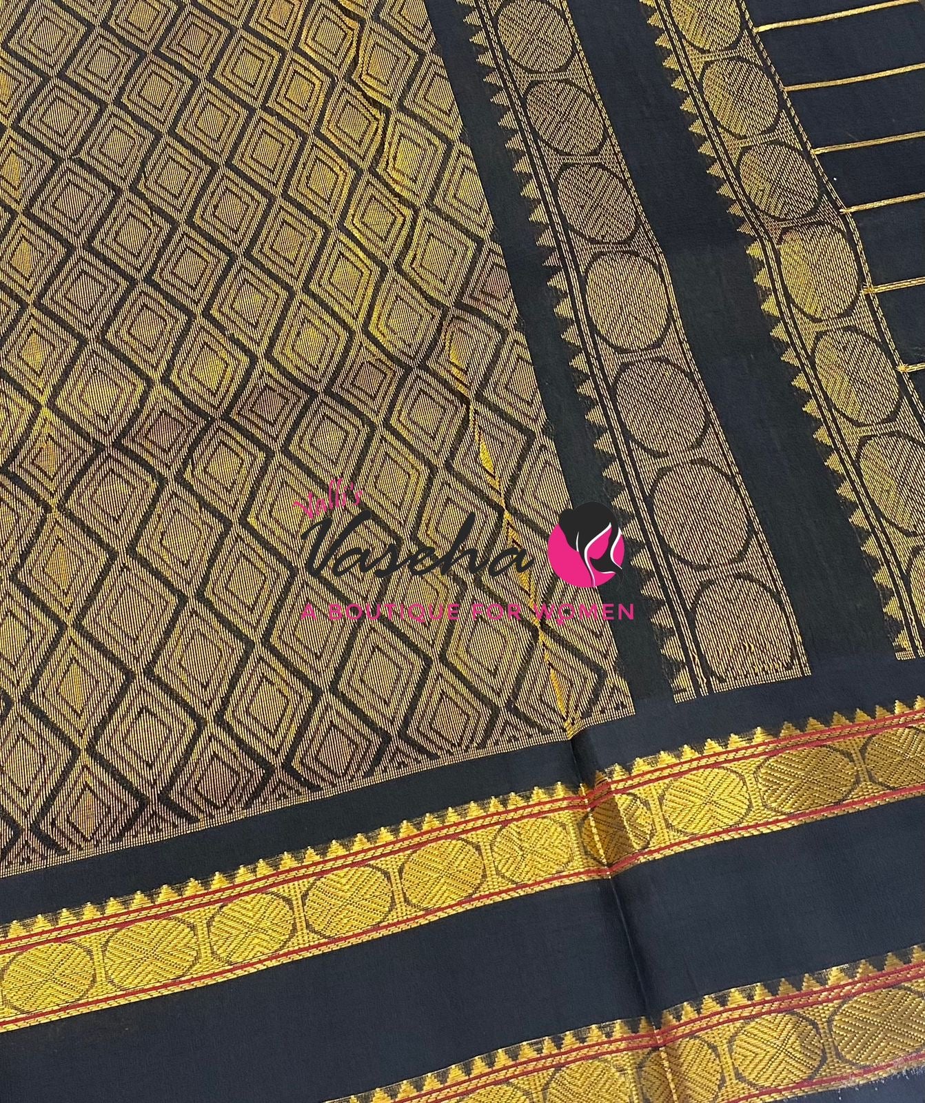 Pure Korvai Silk Cotton With Retta Petta Border - Checks pattern - Dual Tone Gold & Black - VVKSC013