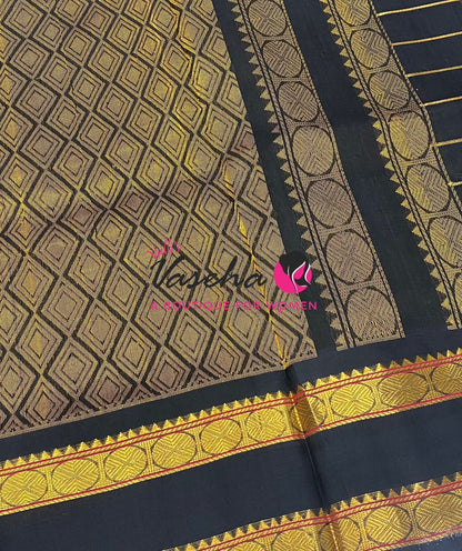 Pure Korvai Silk Cotton With Retta Petta Border - Checks pattern - Dual Tone Gold & Black - VVKSC013