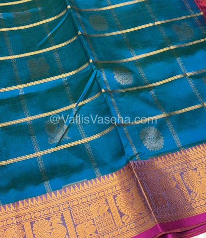 Pure Silk Cotton Saree - Mayil & Chakkaram Design - Blue With Pink Combo -VVMC003