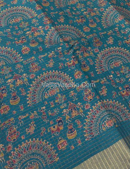 Light Weight Fancy Mixed Kota Cotton - Varli Design Printed Saree - Ramar Blue Shade - VVKPC001