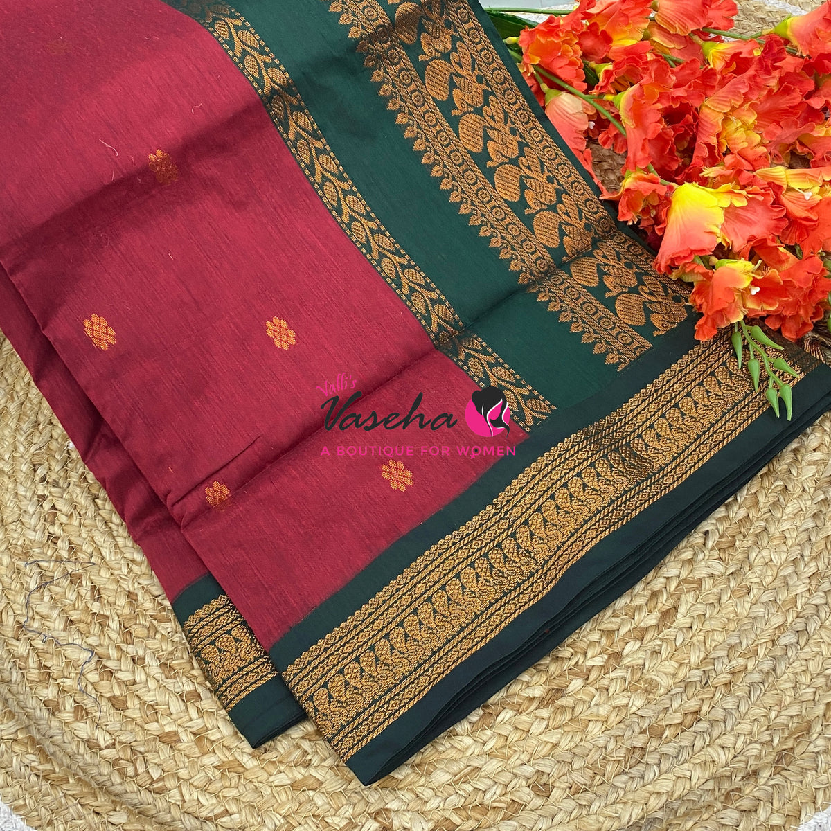 Kalyani Cotton Saree - Maroon With Green Shade - VVKC002